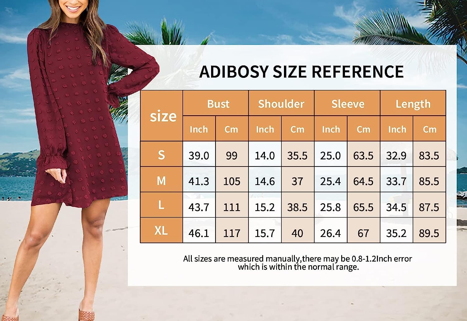 Adibosy Women's Dress Long Sleeve Swiss Dot Mini Dresses Round Neck Loose Chiffon Casual Short Dress - Image 6